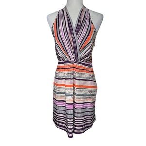 ATHLETA Womens 8 Purple Multi Stripe Surplice V-Neck Go Anywhere Halter Dress